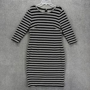 Ann Taylor Petite Dress Womens MP Black White Stripped‎ Round neck body con